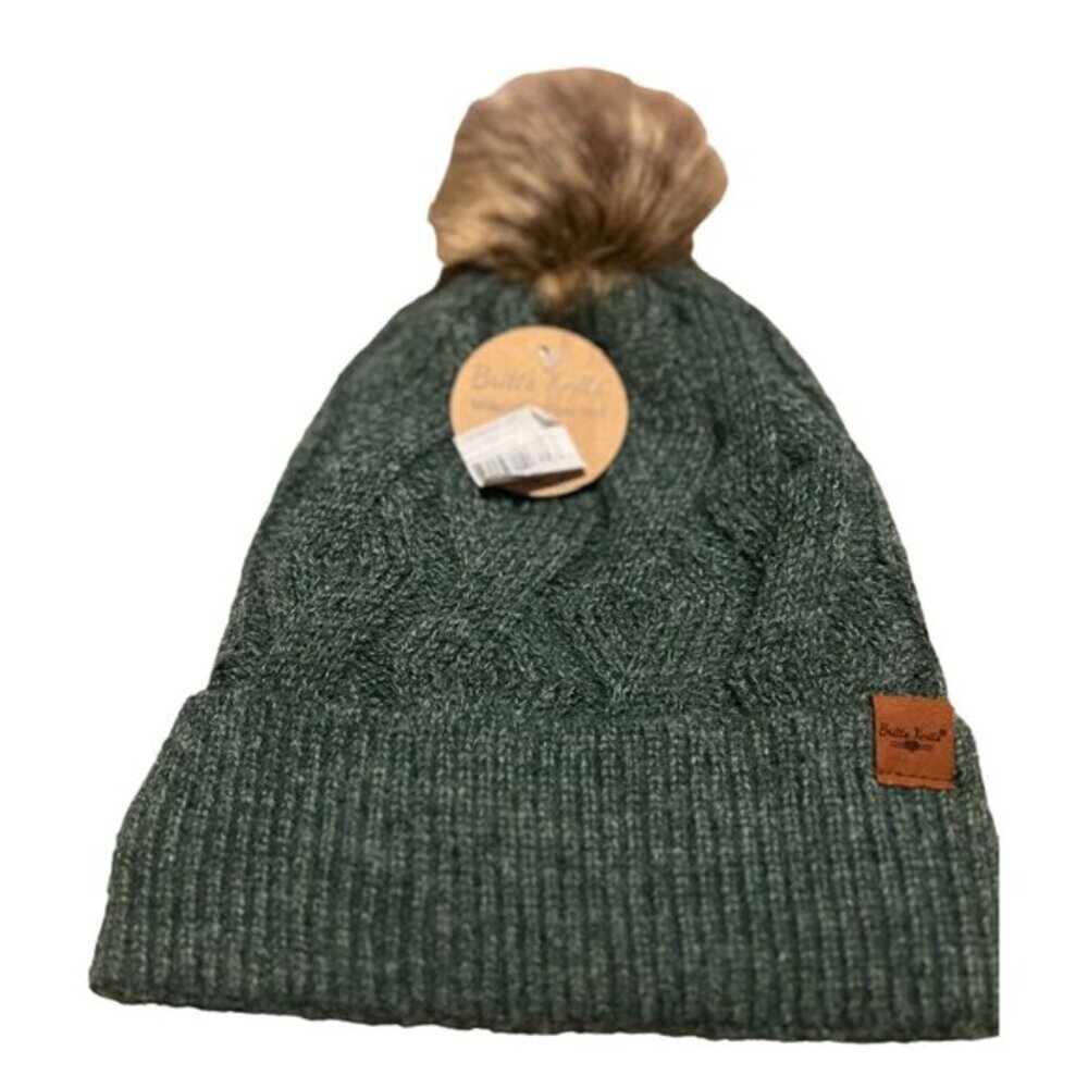 Britts Knits Olive Pom‎ Hat Faux Fur Pom Pom NWT